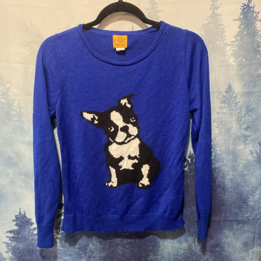 Boston Terrier Crewneck Sweater Womens S Blue Preppy Dog Lightweight Animals